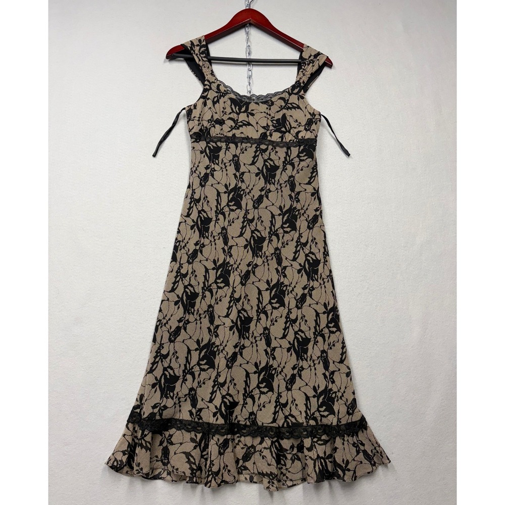 INC International Concepts Dress Women 2P Tan Black Silk Lace Floral Y2K Midi